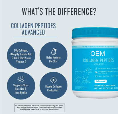 OEM Cung cấp Bột Collagen Peptide với Axit Hyaluronic và Vitamin C Không có hương vị 20 oz 10 oz